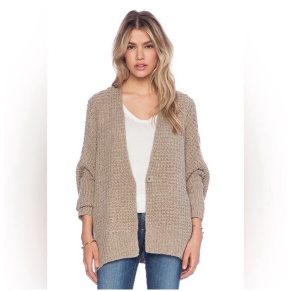 Free People Breeze Chunky Knit Oversized Cardigan Sweater Teak Brown Tan Size M - Picture 1 of 14